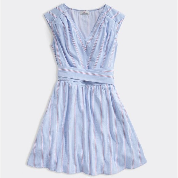 Vineyard Vines Nicholls Stripe Seersucker Tie-Waist Dress Cap Sleeve Bimini Blue - Picture 5 of 16